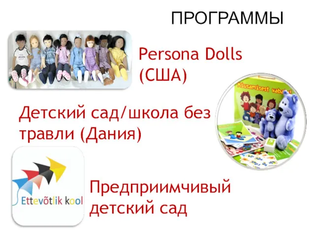 ПРОГРАММЫ Persona Dolls (США) Детский сад/школа без травли (Дания) Предприимчивый детский сад