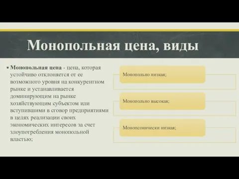 Монопольная цена, виды Монопольная цена - цена, которая устойчиво отклоняется