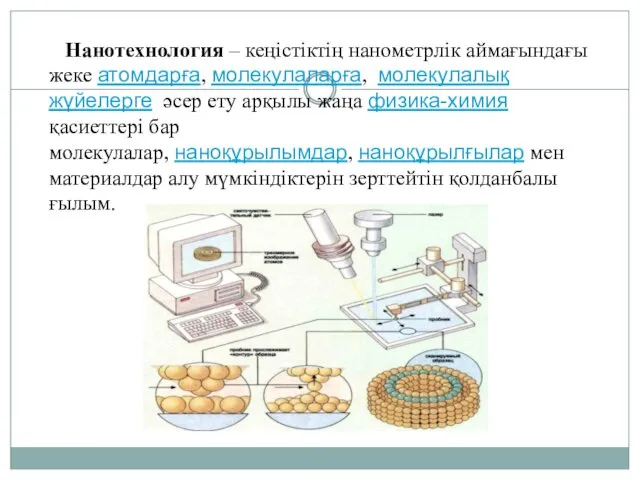 . Нанотехнология – кеңістіктің нанометрлік аймағындағы жеке атомдарға, молекулаларға, молекулалық жүйелерге әсер ету