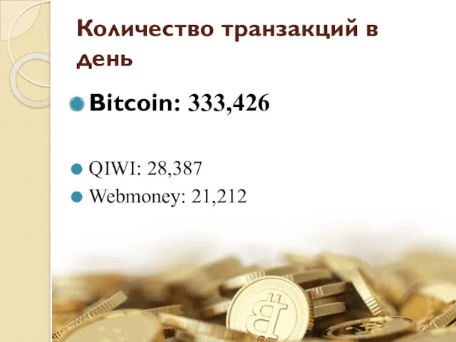 Количество транзакций в день Bitcoin: 333,426 QIWI: 28,387 Webmoney: 21,212