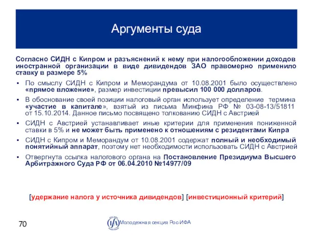 Аргументы суда Молодежная секция Рос-ИФА Согласно СИДН с Кипром и