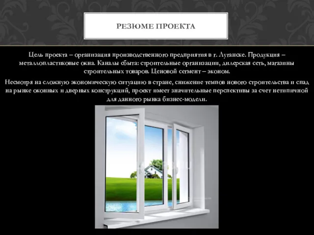 Цель проекта – организация производственного предприятия в г. Луганске. Продукция – металлопластиковые окна.