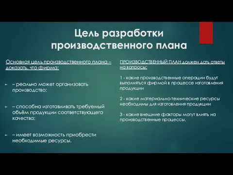 Цель разработки производственного плана Основная цель производственного плана – доказать,