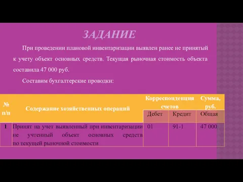 ЗАДАНИЕ При проведении плановой инвентаризации выявлен ранее не принятый к учету объект основных