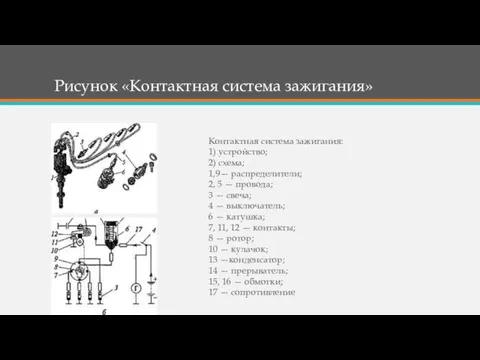 Рисунок «Контактная система зажигания» Контактная система зажигания: 1) устройство; 2) схема; 1,9— распределители;