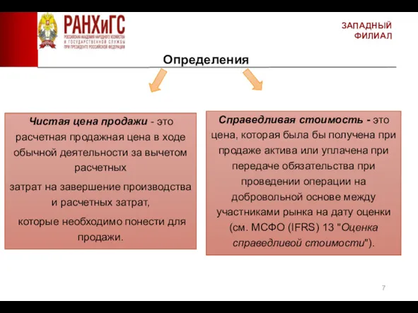 ЗАПАДНЫЙ ФИЛИАЛ Определения Чистая цена продажи - это расчетная продажная цена в ходе