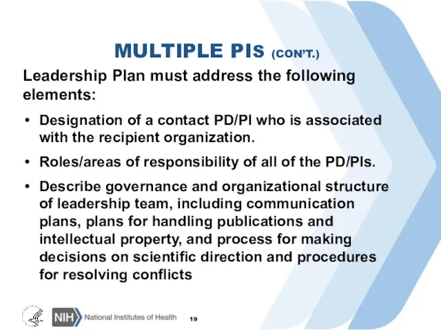 MULTIPLE PIS (CON’T.) Leadership Plan must address the following elements: