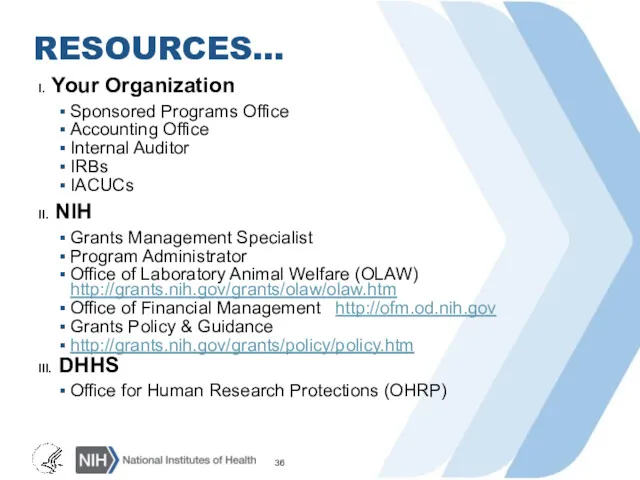 RESOURCES… I. Your Organization Sponsored Programs Office Accounting Office Internal