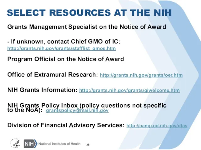 SELECT RESOURCES AT THE NIH Grants Management Specialist on the
