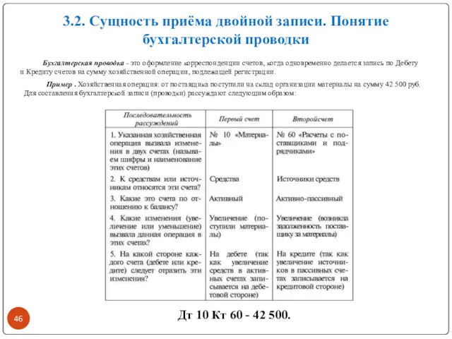 3.2. Сущность приёма двойной записи. Понятие бухгалтерской проводки Пример .