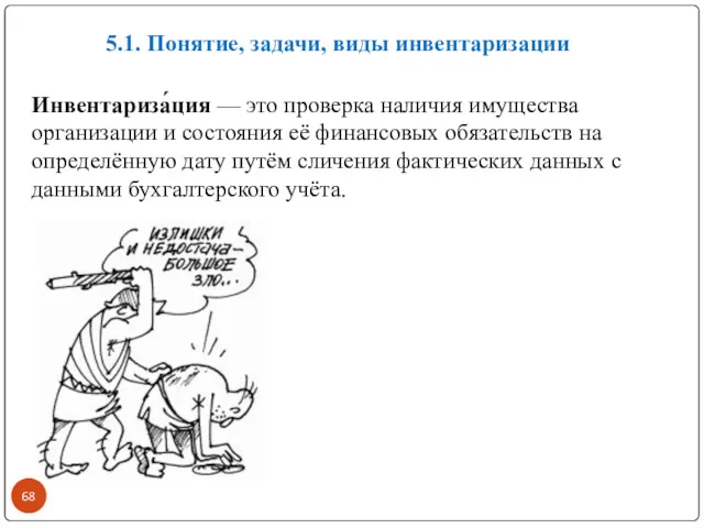 5.1. Понятие, задачи, виды инвентаризации Инвентариза́ция — это проверка наличия