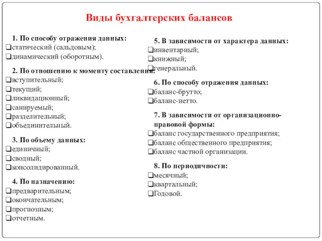 Виды бухгалтерских балансов 1. По способу отражения данных: статический (сальдовым);