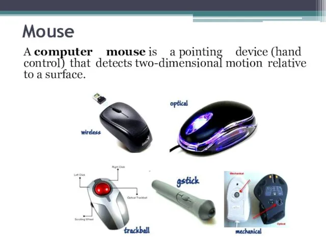 Mouse A computer mouse is a pointing device (hand control)