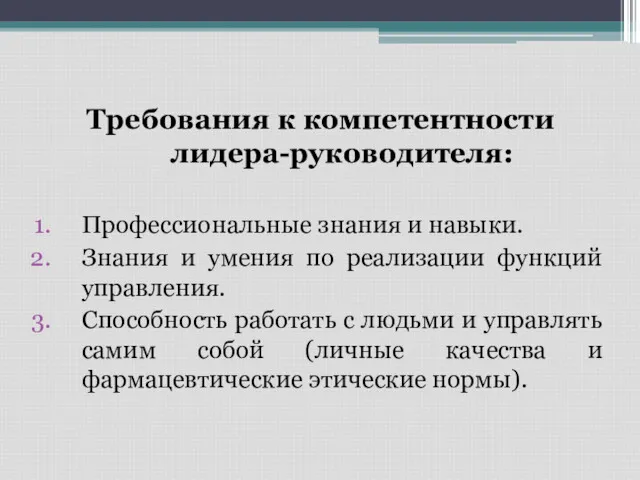 Требования к компетентности лидера-руководителя: Профессиональные знания и навыки. Знания и