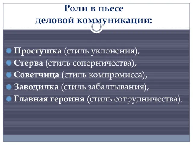 Роли в пьесе деловой коммуникации: Простушка (стиль уклонения), Стерва (стиль