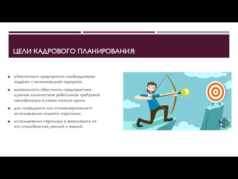 ЦЕЛИ КАДРОВОГО ПЛАНИРОВАНИЯ: обеспечения предприятия необходимыми кадрами с минимизацией издержек.