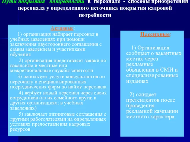 Пути покрытия потребности в персонале - способы приобретения персонала у