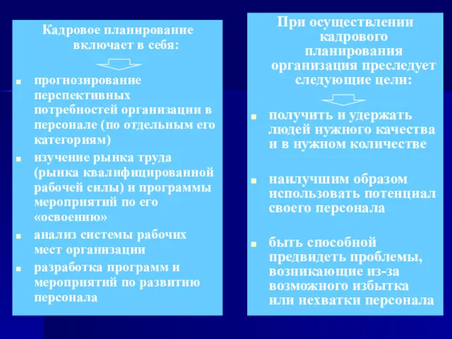 Кадровое планирование включает в себя: прогнозирование перспективных потребностей организации в