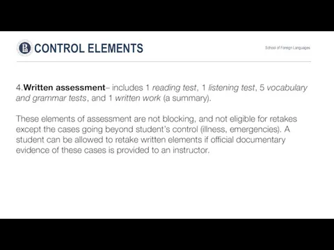 4.Written assessment– includes 1 reading test, 1 listening test, 5