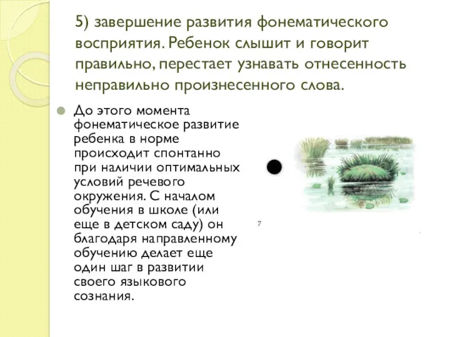 5) завершение развития фонематического восприятия. Ребенок слышит и говорит правильно,