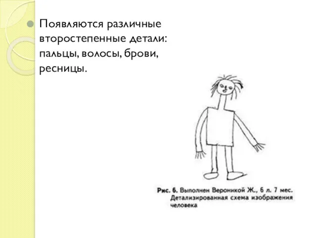 Появляются различные второстепенные детали: пальцы, волосы, брови, ресницы.