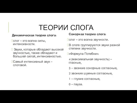 ТЕОРИИ СЛОГА Динамическая теория слога: слог – это волна силы,