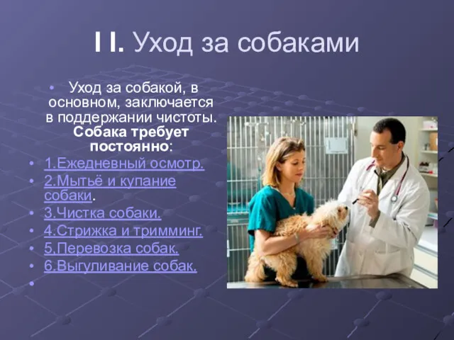 I I. Уход за собаками Уход за собакой, в основном, заключается в поддержании