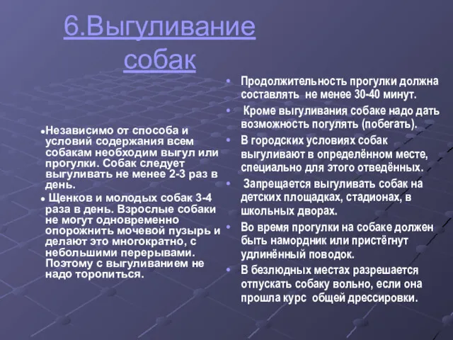 6.Выгуливание собак Продолжительность прогулки должна составлять не менее 30-40 минут.