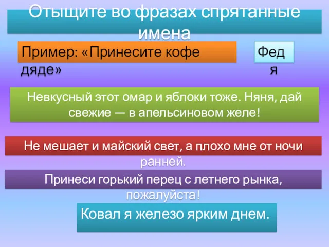 Отыщите во фразах спрятанные имена Ковал я железо ярким днем.