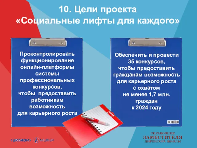 10. Цели проекта «Социальные лифты для каждого» Проконтролировать функционирование онлайн-платформы