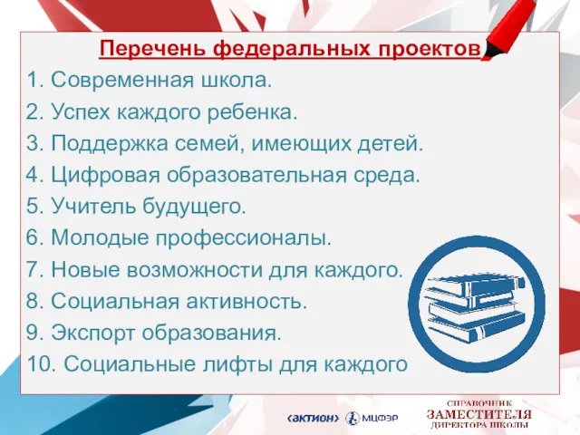 Перечень федеральных проектов 1. Современная школа. 2. Успех каждого ребенка.