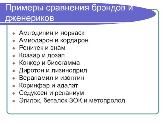 Примеры сравнения брэндов и дженериков Амлодипин и норваск Амиодарон и