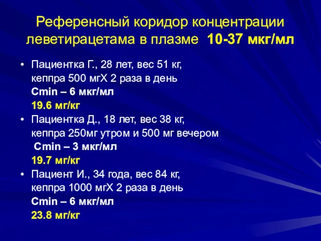 Референсный коридор концентрации леветирацетама в плазме 10-37 мкг/мл Пациентка Г.,