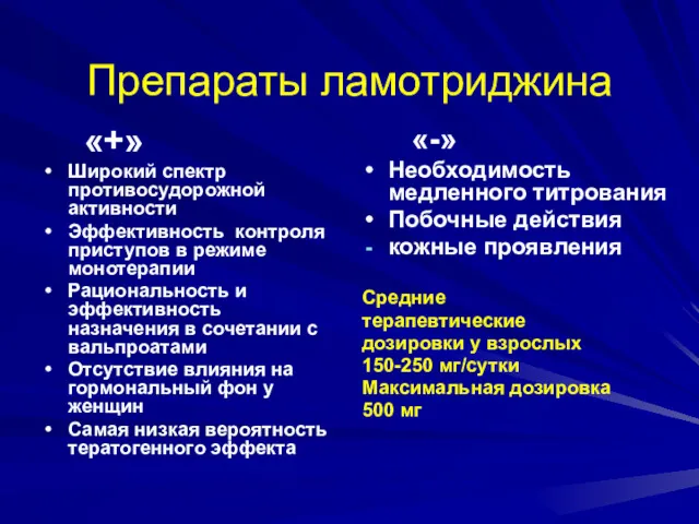 Препараты ламотриджина «+» Широкий спектр противосудорожной активности Эффективность контроля приступов