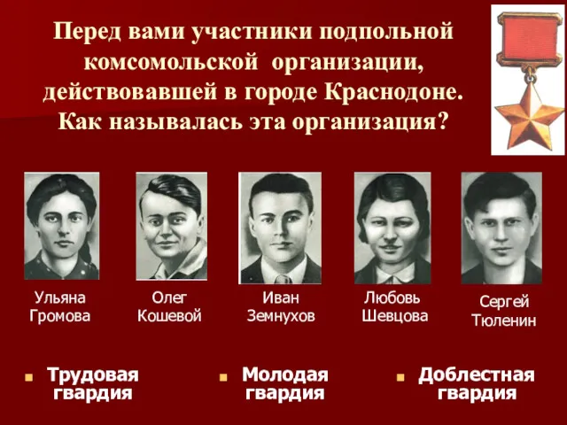 Перед вами участники подпольной комсомольской организации, действовавшей в городе Краснодоне.