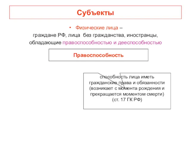 Субъекты Физические лица – граждане РФ, лица без гражданства, иностранцы,