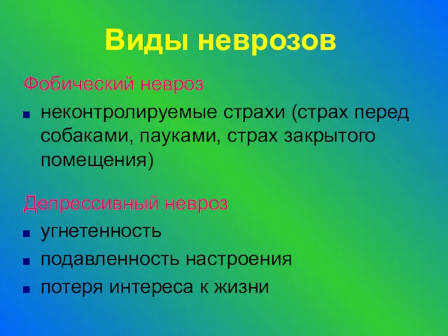 Виды неврозов Фобический невроз неконтролируемые страхи (страх перед собаками, пауками,