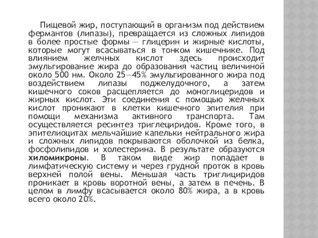 Пищевой жир, поступающий в организм под действием фермантов (липазы), превращается