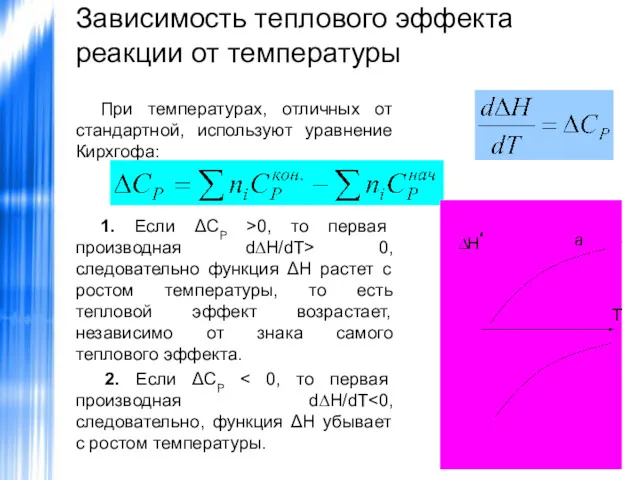 Зависимость теплового эффекта реакции от температуры При температурах, отличных от