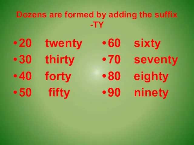 Dozens are formed by adding the suffix -TY 20 twenty 30 thirty 40