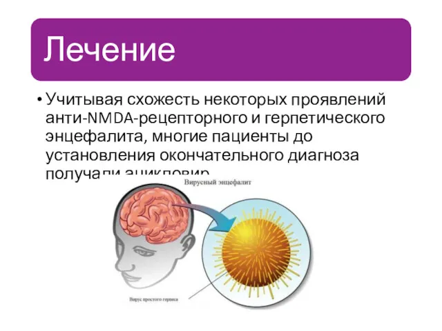 Учитывая схожесть некоторых проявлений анти-NMDA-рецепторного и герпетического энцефалита, многие пациенты до установления окончательного диагноза получали ацикловир