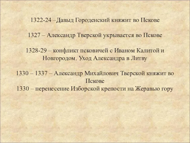 1322-24 –Давыд Городенский княжит во Пскове 1327 – Александр Тверской укрывается во Пскове
