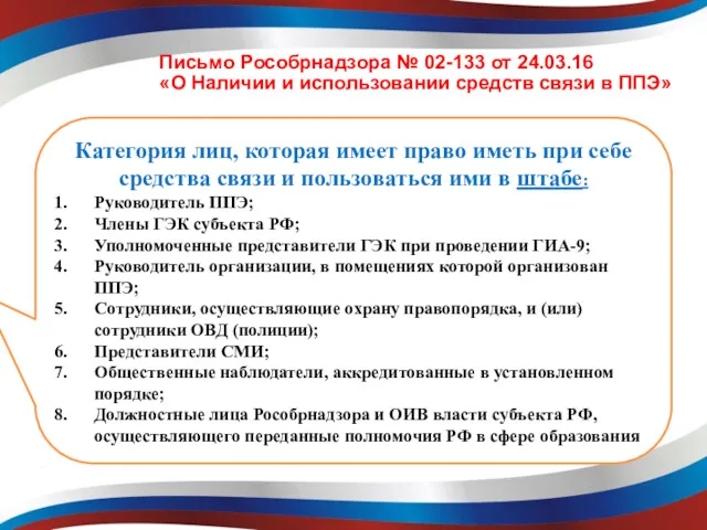 Письмо Рособрнадзора № 02-133 от 24.03.16 «О Наличии и использовании