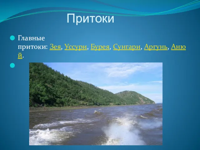 Притоки Главные притоки: Зея, Уссури, Бурея, Сунгари, Аргунь, Анюй.