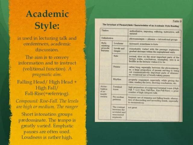 Academic Style: is used in lecturing talk and conferences, academic
