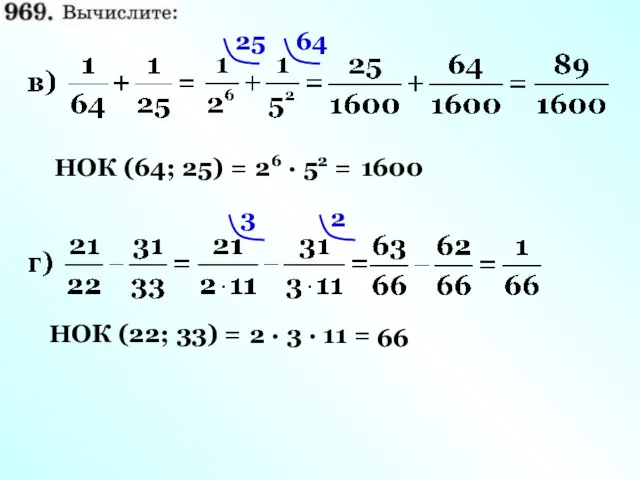 НОК (64; 25) = 26 · 52 = 1600 25 64 НОК (22;