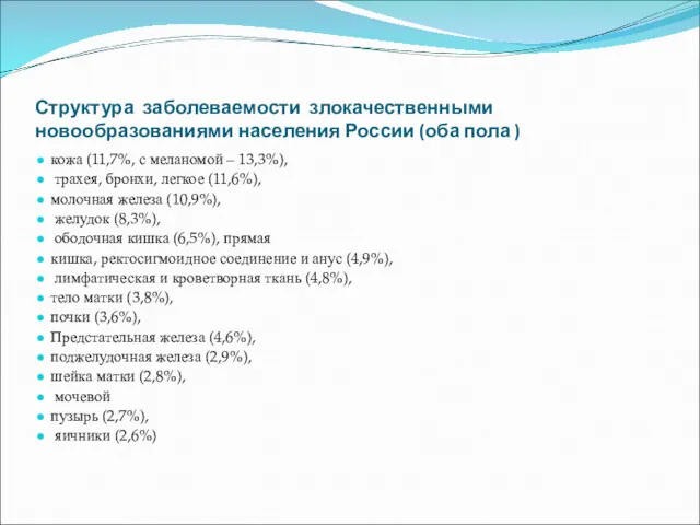 Структура заболеваемости злокачественными новообразованиями населения России (оба пола ) кожа
