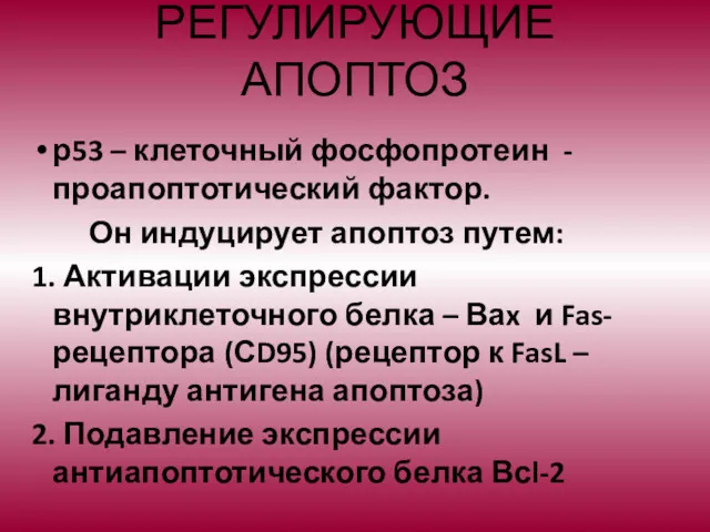 ФАКТОРЫ, РЕГУЛИРУЮЩИЕ АПОПТОЗ р53 – клеточный фосфопротеин - проапоптотический фактор.