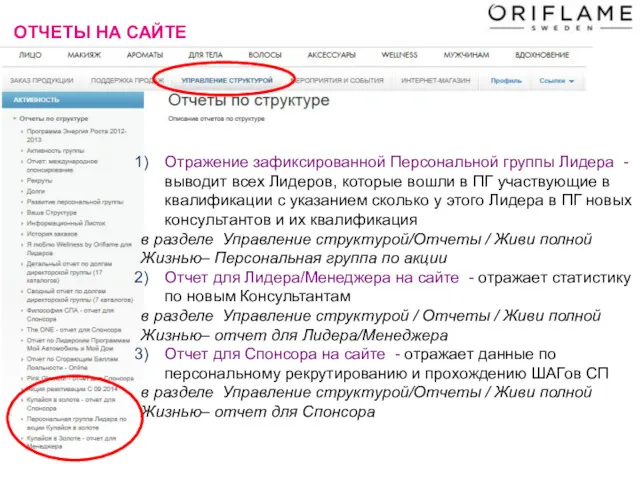 ОТЧЕТЫ НА САЙТЕ Отражение зафиксированной Персональной группы Лидера - выводит