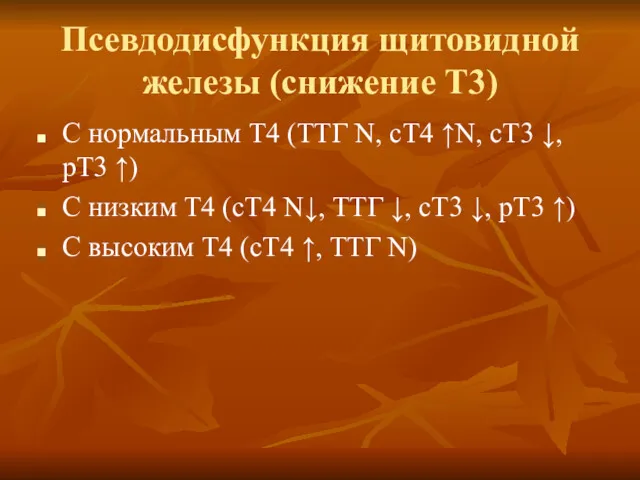 Псевдодисфункция щитовидной железы (снижение Т3) С нормальным Т4 (ТТГ N,